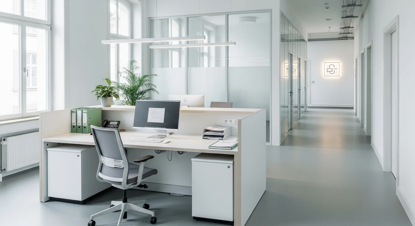 Moderner heller Empfangs- und Arbeitsbereich eines Büros mit Schreibtisch, Bildschirm und Pflanze — professionelles Arbeitsumfeld